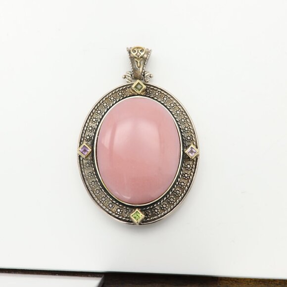 Large Vintage Natural Pink Opal Pendant Sterling Silver 925 and 18k - Picture 5 of 11
